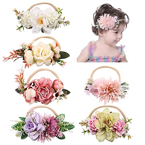 Cinaci 6 Pack Delicate Floral Rose Daisy Flower Super Stretchy Soft Nylon Headbands Hair Bands Accessories for Baby Girls Newborns Infants Toddlers Kids