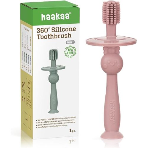 haakaa 360° Silicone Baby Toothbrush, Soft Infant First Brush, Tongue, Gum & Teeth Cleaner for 6M+, BPA-Free with Safety Shield and Suction Base - Blush (1 Piece)