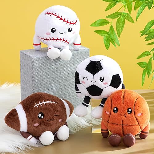 4 Pcs Plush Sports Toy Set - Pocket Sized Stuffed Basketball, Football, Soccer, Baseball, Mini Fluffy Sport Balls for Room Decor, Birthday Gift & Sports Party Favors