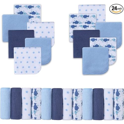 Viviland Baby Washcloths, Super Soft Baby Bath Towels for Newborn 24 Pack, Absorbent Face & Body Wash Cloth for Baby Boy, Whale Bro Pattern, 9 x 9 inch