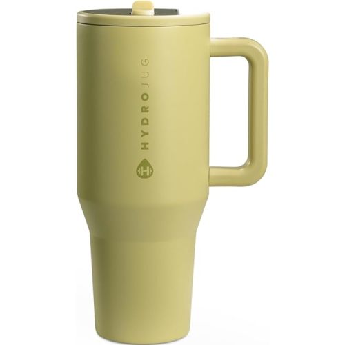 HydroJug Traveler - 40 oz Water Bottle with Handle & Flip Straw - Fits in Cup Holder, Leak Resistant Tumbler-Reusable Insulated Stainless Steel & Rubber Base - Gifts for Women & Men, Olive