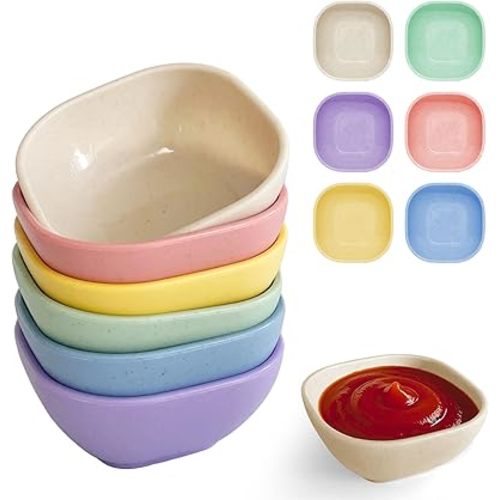 6 Pack Small Plastic Bowls 4.5 OZ Unbreakable Wheat Straw Dipping Bowls，plastic ramekins, Assorted Colors Dipping Sauce Cups, dip cups， Dessert, Ketchup