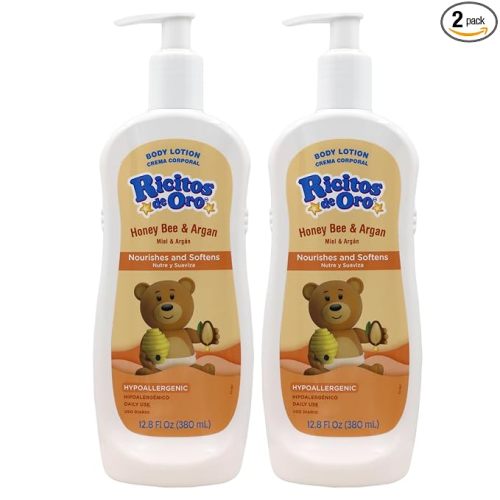 Ricitos de Oro Honey and Argan Baby Body Lotion That Helps Smooth Baby Skin -Hypoallergenic with Honey Bee Extract Delicious Scent, 2-Pack of 12.8 FL Oz Each, 2 Bottles.