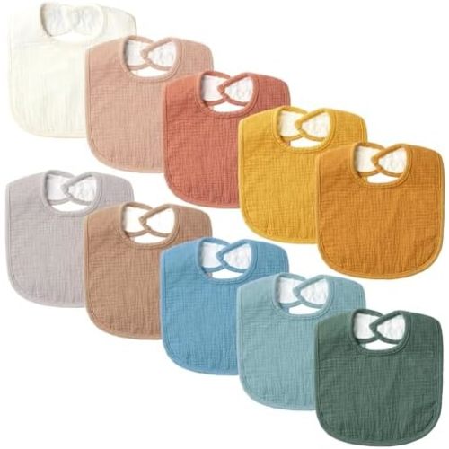 Set of 10 Muslin Baby Bibs for Unisex Boys and Girls, 10 Solid Colors Set for Drooling and Teething