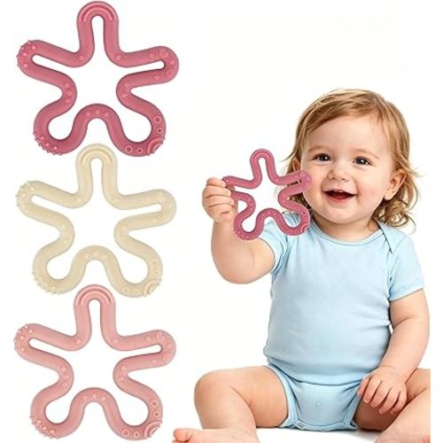 Fu Store 3 Pack Coral Flower Ring Teether Baby Teething Toys Silicone Teether Ring Toys for Babies 0-6 0-12 0-24 0-36 Months Easy to Grasp Clean Infant Teething Relief Soothing Sore Gums