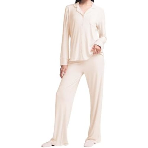 Womens Pajama Sets 2 Piece Button Down Long Sleeve Soft Knitted Sleepwear Pjs Lounge Sets Nightwear
