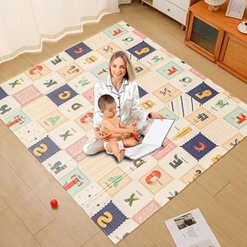 Baby Play Mat for Floor 79 x 71”Reversible Foldable Foam Extra Large Thick Foam Playmat Babies Waterproof Crawling Mat for Infants Toddlers and Kids Indoor Outdoor Use (Alphabet and Dinosaurs)