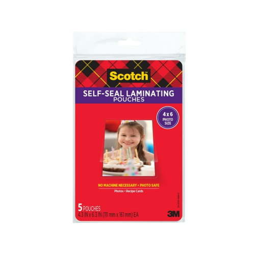 Scotch Self-Sealing Laminating Pouches 4.3 in x 6.3 in, Gloss Finish, 5 Pouches