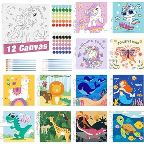 CONDA 12 Pcs Pre Drawn Canvas to Paint 6x6 Inch, Animal Pre Printed Canvas for Painting for Beginners Students, DIY Paint Art Supplies, Painting Canvas Panels and Sip Kit