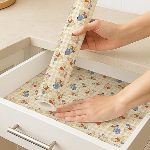 Disney Non Adhesive Shelf Liner – 18”x 10 ft Water-Resistant Drawer Liners for Kitchen Cabinets, Pantry, Fridge & Dressers – Easy Cut Cabinet Liner Roll- Mickey Mouse, Stitch & Winnie The Pooh