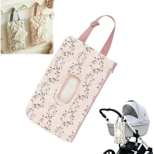 Floral Quilted Baby Wipe Holder, Pouch Portable Floral Travel Wet Wipes Bag, for Walking, Outdoor Activities, Car, or Home (Pink)