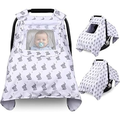 Bnditeu Car Seat Cover Baby, Carseat Covers Baby with 2 Layers Breathable Windows, Windproof Infant Car Seat Cover, Kick-Proof Baby Carrier Cover for Baby Boy Newborn Essentials
