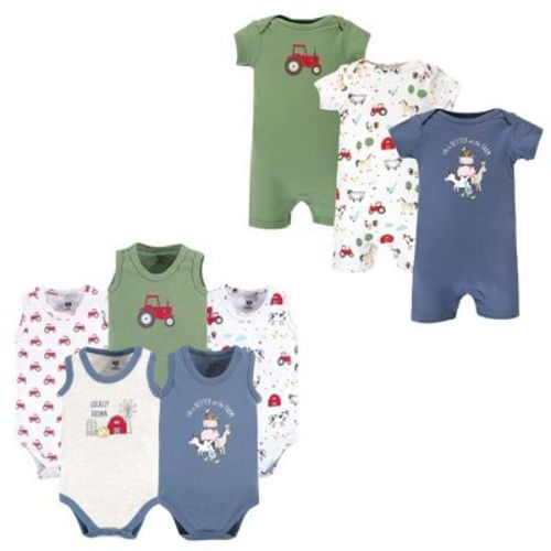 Hudson Baby Infant Boys Cotton Bodysuits and Rompers, 8-Piece, Boys Farm Animals, 3-6 Months