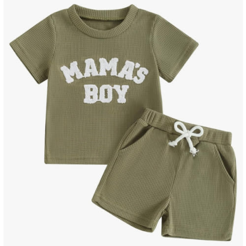 Kupretty Toddler Baby Boy Summer Clothes Embroiderey Waffle Knit Short Sleeve T-Shirt Tees + Casual Shorts Cute Clothing Set