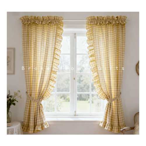 Farmhouse yellow plaid drapery, cute dark yellow cafe window treatment,short curtain,rod pocket cotton curtain, checkerboard ruffled drapery