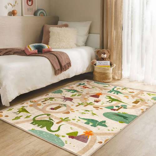 Jurassic Kids Room Rugs | Dinosaurs Washable Kid's Room Rug | Forest Road Nursery Play Mat|Beige And Green Kids Carpets|Handmade Kids Rug