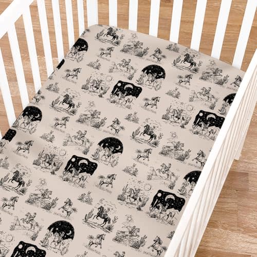 Vintage Western Cowboy Fitted Baby Crib Sheet for Girl Boy 52"x28" Cowboy Horse Cactus Desert Moon Night Soft Crib Mattress Cover Breathable Baby Sheets Fits Standard Crib and Toddler Mattress Pads