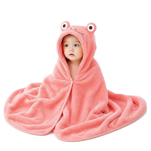 ROMASA Baby Bath Towel Ultra Soft Hooded Towel Highly Absorbent Bathrobe Blanket Toddlers Shower Gifts for Boys Girls-27.5" x 55" (Pink-flog)