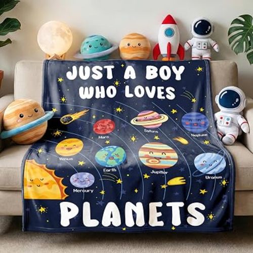 Just A Boy Who Loves Planets Solar System Space Throw Blanket Fannel Fleece Super Soft Funny Blanket Travel Throw Blanket for Bed Couch Sofa 40 x 30 Inch for Baby