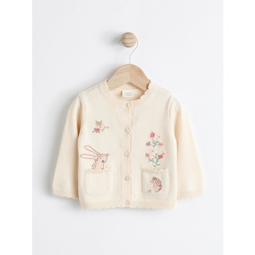 Cream Bunny 100% Cotton Pointelle Knitted Floral Flower Baby Cardigan (0mths-3yrs)