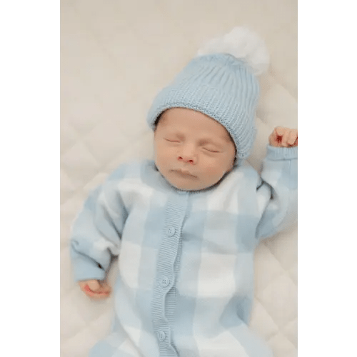 Cuff Knit Pom Pom Beanie in Baby Blue