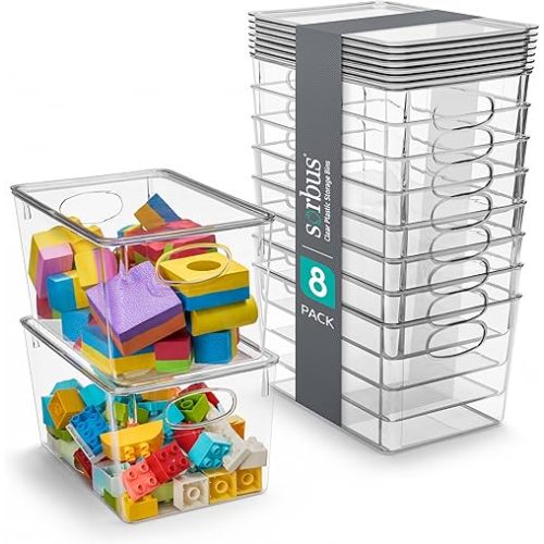 Sorbus Large Clear Plastic Bins with Lids – Stackable Organizer for Toys, Clothes, Medicine, Makeup, Closet, Art Supplies, Bathroom, Shoes – 8 Pack