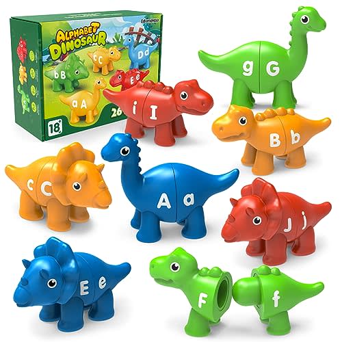 26PCS Dinosaur Alphabet Learning Toys for Kids Ages 3-5, Double-Sided ABC Matching Game with Uppercase Lowercase, Montessori Educational Fine Motor Toys, Preschool Sensory Sorting Toy Gift