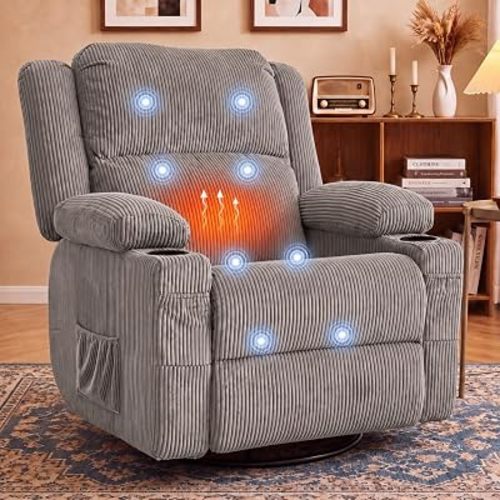 360° Swivel Rocker Recliner Chair with Heat & 8-Point Massage, Oversized Manual Nursery Glider Recliner with USB Port, Cup Holders, Storage Pockets, 400 lbs Capacity (Light Grey)