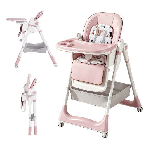 Adjustable Baby High Chair for 0-6 Years, Foldable Infant Feeding Seat with 5-Level Height, 5-Point Safety Belt, Lockable Wheels & Detachable Tray, Easy Clean for Home Use