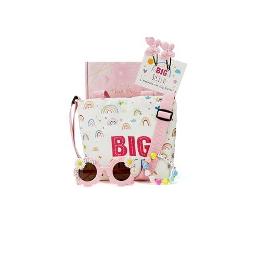 Big Sister Gift Set for Girls - Canvas Tote Bag, Bracelet, Sunglasses, Butterfly Hair Clips - Road Trip & Family Travel Essentials - Sibling Announcement - 6PCS
