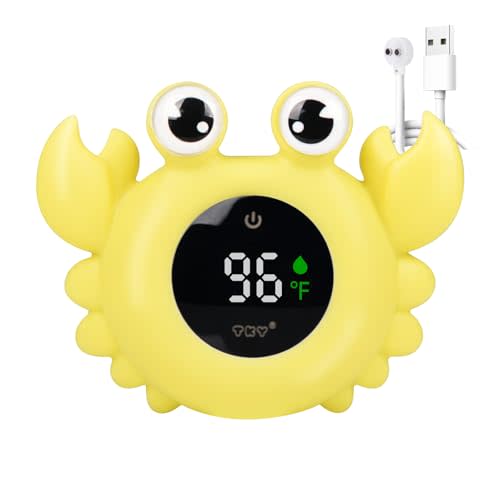 Baby Bath Thermometer Water Temp Safety Essential,Rechargeable Crab Toy | Tub Temperature LED Display,Color Warn(Cold/Comfortable/Hot),Newborn&Infants Water Temp Safe 2-in1 Bath floating Toy for Kids