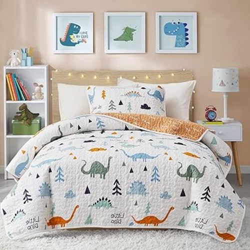 Joyreap 2-Piece Cotton Quilt Set Twin, Cute Dinosaur Reversible Design for Kids Boys n Girls, Breathable Skin-friendly Quilt Bedspread Bed Cover for All Season, 1 Quilt and 1 Pillow Sham- 68x86 inches