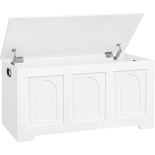 Storage Chest, 39.4” Wooden Toy Box with 2 Safety Hinges, Entryway Shoe Bench with Flip-Top, Sturdy Large Storage Trunk for Living Room, Bedroom, Playroom, Easy Assembly, White
