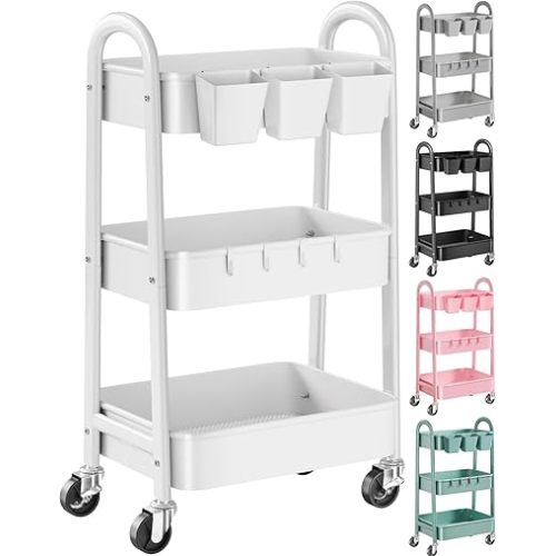 3 Tier Heavy Duty White Metal Rolling Cart with Lockable Wheels, Three Tier Roller Book Snack Cart, Utility Storage Organizer Carts for Kitchen, Bathroom, Garage, Baby Diaper, Craft, Art, Teacher