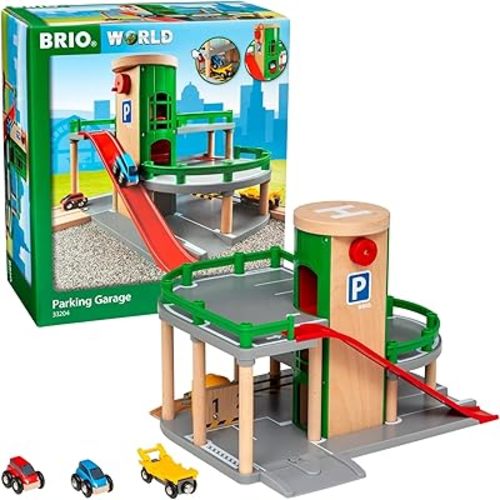 BRIO World Parking Garage - 7-Piece Wooden Toy Garage with 2 Cars, 1 Transporter Wagon, and Wooden Ramp Tracks - Works with All BRIO Train Sets - FSC-Certified - Sparks Creativity & Fun - Ages 3 & Up