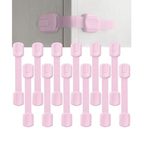 Bates- Child Safety Strap Locks, 12 Pack, Baby Pink, Child Locks for Cabinets and Drawers