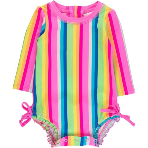 RuffleButts Baby Girls UPF 50+ Sun Protection Floral Printed Long Sleeve One Piece Rash Guard Swimsuit with Zipper