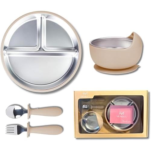 MOMERA Stainless Steel Baby Plate & Bowl Set with Suction | Divided Toddler Feeding Set | Durable, BPA-Free, Easy to Clean | Baby Tableware for Self-Feeding