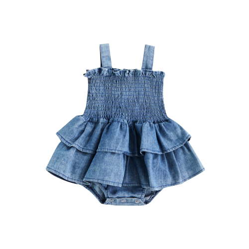 Hirigin Infant Girls Summer Outfits, Cute Denim Romper, Sleeveless Ruffled Hem, 0-18 Months