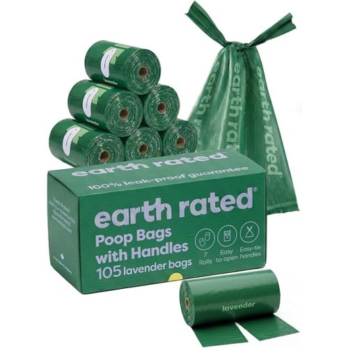 Earth Rated Dog Poop Bags with Handles on Refill Rolls, Easy-Tie on a Compact Roll, Extra Wide Opening, Guaranteed Leak-Proof, Lavender Scented, 105 on Rolls