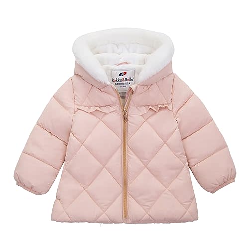 Rokka&Rolla Baby Girls' Water-Resistant Puffer Jacket Hooded Winter Coat with Soft Mini Fur Lining for Newborn Infant Toddler