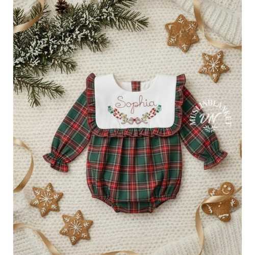 Personalized Green Tartan Christmas Smocked Embroidered Custom Dress Outfit Gingerbread Candy Cane Romper Bubble Cute Wreath Gingham Romper