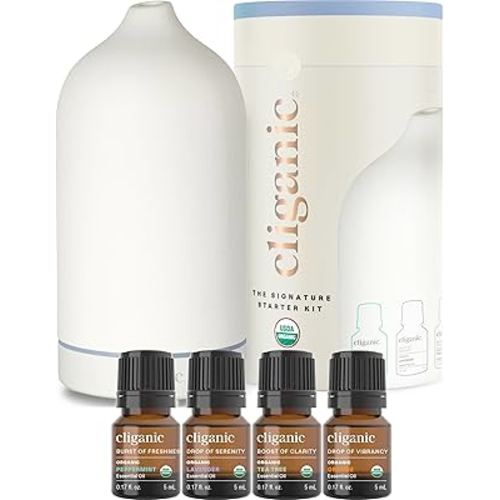 Cliganic Signature Essential Oils Diffuser Set – Aromatherapy Humidifier with LED for Home, Office & Bedroom Includes Peppermint, Lavender, Tea Tree & Orange Essential Oils Christmas Gift Kit