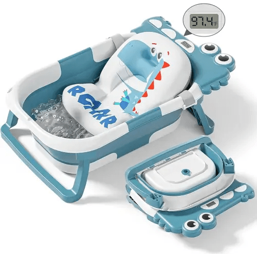 Collapsible Baby Bathtub for Newborn, Foldable Baby Bath Tub with Thermometer & Soft Floating Cushion & Drain Hole, Portable Travel Infant Bath Tubs for Newborns to Toddler 0-36 Months Girl, Blue