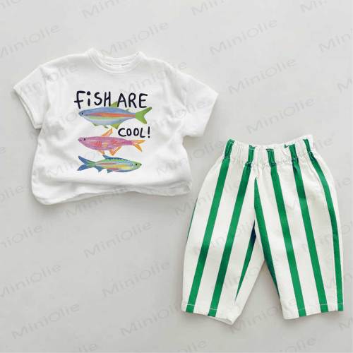 FISH ARE COOL Baby Green Fish Print Striped 2-piece Set