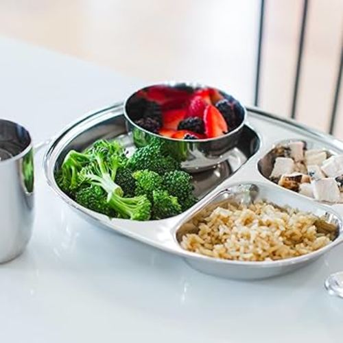 Ahimsa Stainless Steel Plates For Kids, Pediatrician Designed Divided Plates for Toddlers & Baby, Non Toxic, Unbreakable & Dishwasher Safe, Set of 4