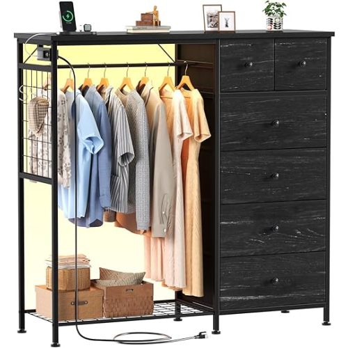 DUMOS Dresser for Bedroom with Hanging Rack, 6 Drawer Fabric Dresser with Charging Station and LED Lights, Closet Organizer & Storage Tower for Living Room, Entryway, Apartment, Wooden Black