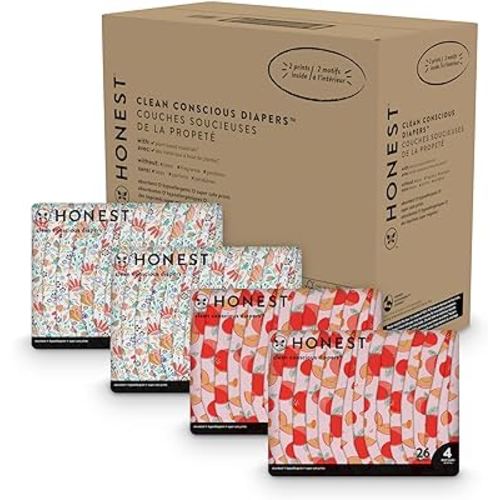 The Honest Company Clean Conscious Diapers | Plant-Based, Sustainable | Just Peachy + Flower Power | Super Club Box, Size 4 (22-37 lbs), 104 Count