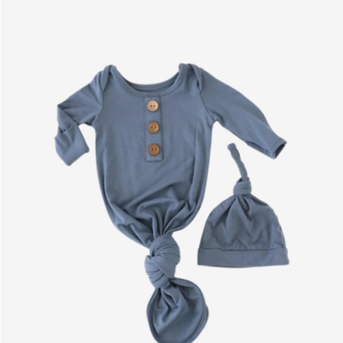 Solid Dusty Blue Newborn Baby Knot Gown & Hat | Caden Lane