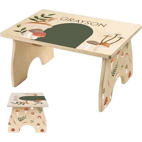 Step Stool for Toddlers- Personalized Wood Kids Step Stool with Name for Kitchen Sink, Bathroom, Potty Training, Toilet, Kitchen Sink- Sturdy and Safe- Made in USA by BloomOwl (Mushroom)